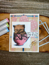 Kitten in a teacup on a soft pink polka-dot card with 'you are my cup of tea.'