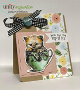 Kitten in a teacup card with a black gingham bow and 'you are my cup of tea.'