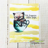 Kitten in a teacup over yellow watercolor stripes with 'life happens, coffee helps.'