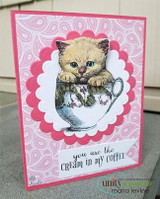 Kitten in a teacup on a pink paisley scalloped frame with 'you are the cream in my coffee.'
