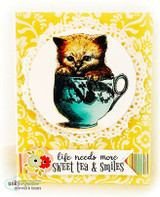 Vintage kitten in a teacup on a bright yellow damask background with 'life needs more sweet tea & smiles.'