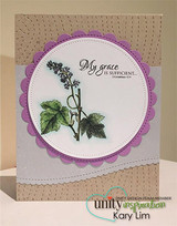 A kraft and purple card with a slim grape branch colored in green and purple in a circle panel, above the sentiment 'My grace is sufficient... 2 Corinthians 12:9'.