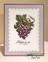 A pink framed card with a cluster of grapes colored in deep rose and green on a scalloped panel, above the sentiment 'Abide in me and I in you... John 15:4'.