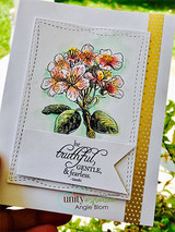 A white card with a cluster of blossoms colored in coral and green on a stitched panel, with the sentiment 'be truthful, gentle, & fearless' on a banner.