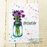 White card with pastel stencil flecks, the mason jar in blue with purple flowers and 'Start each day with a thankful heart.'
