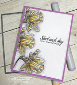 Purple framed card with three yellow daffodils down the side and 'Start each day with a thankful heart.'