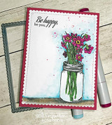Pink scalloped card with the mason jar of magenta flowers on a watercolor shelf and 'Be happy, be you.'