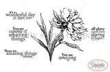 Black-and-white line-art stamp of a tall wild bloom with sentiments 'You are capable of amazing things,' 'There are amazing things ahead,' 'all glory comes from daring to begin,' and 'You are amazing.'
