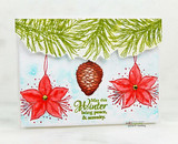 Card with green pine boughs and red poinsettias and "May this Winter bring peace & serenity"