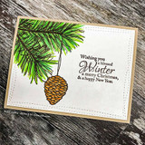 Card with a pine bough and pinecone and "Wishing you a blessed Winter, a merry Christmas, & a happy New Year"