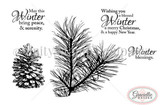 Black-and-white stamp set layout of pinecones and pine boughs with "May this Winter bring peace & serenity" and "Wishing you a blessed Winter"