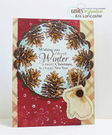 Card with a wreath of pinecones and "Wishing you a blessed Winter, a merry Christmas, & a happy New Year"