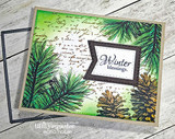 Card with green pine boughs and pinecones on script paper and "Winter blessings"