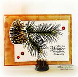 Card with a large pinecone and pine bough, "May this Winter bring peace & serenity," red beads
