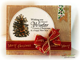 Kraft card with a pinecone in a circle, "Wishing you a blessed Winter," red Merry Christmas ribbon