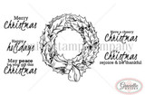 Cheery Christmas stamp sheet: a full leafy wreath tied with a bow, plus the sentiments 'Merry Christmas', 'Happy holidays', 'May peace be your gift this Christmas', 'Have a cheery Christmas' and 'It's Christmas rejoice & be thankful'.