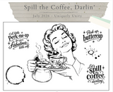Uniquely Unity July 2026 stamp set 'Spill the Coffee, Darlin'' featuring a vintage 1950s woman savoring coffee with retro coffee-themed sentiments.