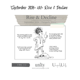 Rise & Decline, the September 2026 Uniquely Unity stamp set (UMK-112): a bed headed woman in sunglasses and a heart pocket tunic holding a steaming coffee mug, with a flat unimpressed cat at her feet, surrounded by four sleepy morning sentiments.