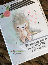 Card of the porcupine surrounded by pink hearts, 'No words can describe all the feelings I have for you.'