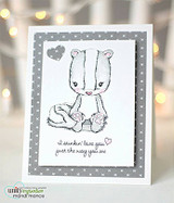 Gray polka-dot card with the skunk, 'I stinkin' love you just the way you are'