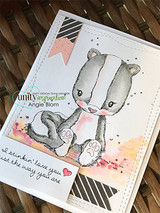 Card with the skunk over a watercolor wash, 'I stinkin' love you just the way you are'