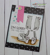 Card with the skunk and pink and black banners, 'I'm sorry that really stinks'