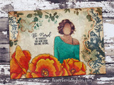 Orange poppy mixed-media card of Jane Girl in teal with stamped birds, 'Be proud of yourself'