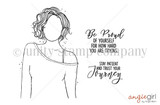 Red rubber stamp art of Angie Blom's Jane Girl in an off-shoulder top with 'Be proud of yourself' and 'trust your journey' sentiments
