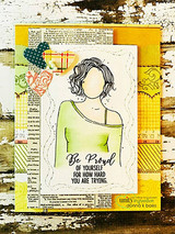 Yellow collage card of Jane Girl in green, 'Be proud of yourself for how hard you are trying'