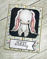 Handmade card featuring the floppy-eared Cuddlebug bunny sitting sweetly, softly colored on white, stamped with 'Hi friend'.