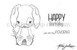 Red rubber stamp set of a floppy-eared cuddlebug puppy with 'Happy [bark]day' and 'you are my favorite.'