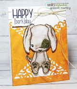 Warm orange card of the puppy with 'HAPPY [bark]day.'