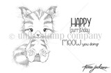 Line-art stamp of a sweet fluffy kitten sitting up with sentiments 'happy purr-thday' and 'meow you doing?'