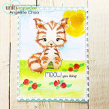 Watercolor card of the striped kitten under a yellow sun on green grass with red flowers, 'meow you doing?'