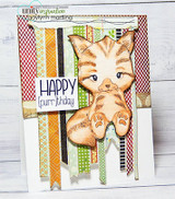 Card of the tabby kitten on layered washi strips, 'happy purr-thday.'