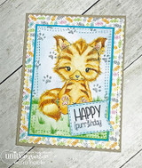 Framed card of the fluffy kitten on soft blue florals, 'happy purr-thday.'