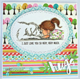 Rainbow tree-border card of the girl and fluffy dog with die-cut 'hugs'