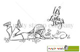 Red rubber stamp sheet: a girl lying on her front with her ankles crossed, reaching toward a small rabbit among leaves and mushrooms, beside 'It's the Little Things.'