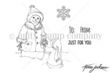 Snow Gift red rubber stamp set - a larger snowman in a knit hat and coat holding a small wrapped gift beside a little snowman in a scarf, with a snowflake and the tag words 'To:', 'From:' and 'JUST FOR YOU.'