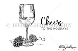Line-art stamp of a wine glass with pinecones and cherries plus 'Cheers to the holidays.'
