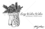 The Cozy Mitts red rubber stamp set shown as line art: knit mittens holding pine and pinecones with 'Cozy Winter Wishes heading your way', by Tierra Jackson.