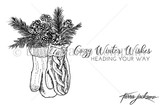 The Cozy Mitts red rubber stamp set shown as line art: knit mittens holding pine and pinecones with 'Cozy Winter Wishes heading your way', by Tierra Jackson.