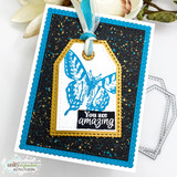 A blue butterfly on a black-splatter tag card with a gold frame, captioned "You are amazing."