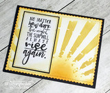 The sentiment "No matter how dark the night, the sun will always rise again." on a black card with a bright yellow sunburst.