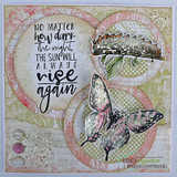 Butterflies and a caterpillar layered over a soft mixed-media circle collage, with "No matter how dark the night, the sun will always rise again."