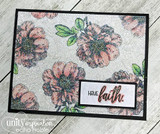 Card with the flower stamped repeatedly and colored in blush pink over silver glitter paper, with a white panel reading 'HAVE faith.'