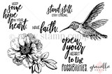 Black and white stamp sheet with a detailed hummingbird in flight, an open flower with leaves, and the sentiments 'keep some hope in your heart,' 'stand still, stay strong,' 'have faith.' and 'open your heart to the possibilities.'