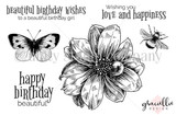 Black-and-white Beautiful Birthday Wishes stamp set by Graciellie Design: a bloom, butterfly and bee with 'happy birthday beautiful.'
