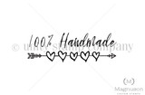 Itty bitty red rubber maker's mark stamp reading '100% Handmade' in script above a row of little hearts and an arrow.