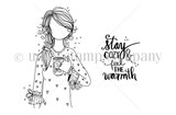 Planner Gal Stay Cozy red rubber stamp art by Angie Blom — girl cradling a warm cup with 'stay cozy & feel the warmth' sentiment
